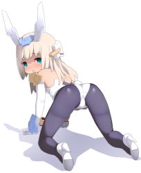 Rule 34 | 1girl, all fours, arm support, ass, bare shoulders, baselard, black pantyhose, blonde hair, blush, breasts, commentary request, elbow gloves, embarrassed, frame arms girl, from behind, full body, furrowed brow, garoudo (kadouhan&#039;i), gloves, green eyes, headgear, high heels, joints, leotard, long hair, looking at viewer, looking back, mecha musume, open mouth, pantyhose, rabbit tail, raised eyebrows, robot joints, simple background, small breasts, solo, strapless, strapless leotard, tail, white background, white footwear, white gloves, white leotard