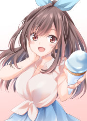 Rule 34 | 1girl, :d, bad id, bad pixiv id, blue ribbon, blue skirt, blush, breasts, brown eyes, brown hair, commentary request, food, gradient background, hair ribbon, hand on own cheek, hand on own face, hands up, highres, hisae (hisae collect), holding, holding food, ice cream cone, idolmaster, idolmaster shiny colors, large breasts, long hair, looking at viewer, open mouth, pink background, ribbon, shirt, skirt, smile, solo, tied shirt, tsukioka kogane, upper body, white background, white shirt, wing collar