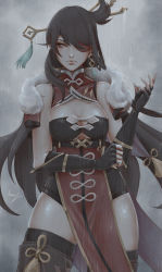 Rule 34 | 1girl, bare shoulders, beidou (genshin impact), black gloves, breasts, brown hair, capelet, chinese clothes, cleavage, closed mouth, commentary request, eyepatch, fingerless gloves, fur collar, genshin impact, gloves, hair ornament, hair over one eye, hair stick, hairpin, highres, kumanz, large breasts, long hair, one eye covered, pelvic curtain, rain, red capelet, colored eyepatch, solo, thighhighs, thighs, wet