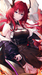 Rule 34 | 1girl, absurdres, arknights, armpits, bad id, bad pixiv id, bare shoulders, belt, black dress, black jacket, breasts, chromatic aberration, chyopeuteu, cleavage, cowboy shot, detached collar, dress, fire, floating hair, highres, horns, id card, jacket, long hair, long sleeves, looking at viewer, medium breasts, multiple belts, off shoulder, open clothes, open jacket, parted lips, purple eyes, red hair, sleeveless, sleeveless dress, solo, surtr (arknights), very long hair