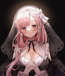 Rule 34 | 1girl, black ribbon, blush, breasts, cleavage, cleavage cutout, clothing cutout, cross, earrings, flower, frown, hair behind ear, hair flower, hair ornament, head tilt, highres, indie virtual youtuber, interlocked fingers, inverted cross, inverted cross earrings, jewelry, long hair, looking at viewer, medium breasts, mole, mole on breast, nannung, neck ribbon, nini yuuna, nun, ribbon, second-party source, solo, tearing up, veil, virtual youtuber, white flower