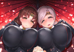 Rule 34 | 10s, 2girls, blush, breast press, breasts, brown eyes, brown hair, chitose (kancolle), chiyoda (kancolle), covered erect nipples, holding hands, huge breasts, kantai collection, katourennyu, long hair, looking at viewer, looking down, multiple girls, oil-paper umbrella, pink hair, pout, puffy nipples, shared umbrella, short hair, smile, umbrella