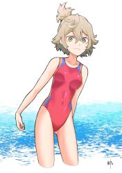 Rule 34 | 1girl, :|, arm at side, arms behind back, artist name, bare shoulders, blue one-piece swimsuit, bob cut, breasts, brown hair, closed mouth, collarbone, commentary, competition swimsuit, covered navel, cropped legs, curled fingers, felsi rollo, gluteal fold, gundam, gundam suisei no majo, hair between eyes, highres, kikumaru bunta, leaning to the side, light brown hair, long bangs, looking at viewer, medium breasts, messy hair, multicolored clothes, multicolored swimsuit, one-piece swimsuit, orange one-piece swimsuit, red one-piece swimsuit, short hair, signature, solo, swimsuit, topknot, wading, water, white background, wide-eyed, yellow eyes