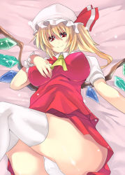 Rule 34 | 1girl, ass, bad id, bad pixiv id, blonde hair, breasts, embodiment of scarlet devil, female focus, flandre scarlet, hat, large breasts, aged up, panties, red eyes, side ponytail, solo, thighhighs, toono yayoi, touhou, underwear, white panties, white thighhighs, wings
