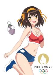 1girl 2024_summer_olympics black_hair blue_buruma breasts buruma commentary eggplant english_commentary hair_ribbon hairband hand_on_own_chest highleg highres logo medium_breasts olympics orange_eyes orange_hairband red_sports_bra ribbon short_hair simple_background sports_bikini sports_bra suzumiya_haruhi suzumiya_haruhi_no_yuuutsu white_background yuiyu_ki