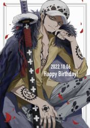 Rule 34 | 1boy, absurdres, arm tattoo, chest tattoo, coat, coat on shoulders, facial hair, fur-trimmed coat, fur trim, grey eyes, hand tattoo, hand up, happy birthday, hat, highres, male focus, natake, one piece, partially unbuttoned, petals, sheath, sheathed, shirt, simple background, sleeves rolled up, smile, solo, sword, tattoo, trafalgar law, weapon, yellow shirt
