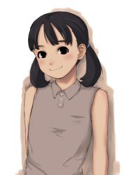 Rule 34 | 1girl, black eyes, black hair, blush, flat chest, looking at viewer, low twintails, original, short twintails, sleeveless, smile, solo, takamichi, tamaru tokihiko, twintails, upper body, white background, wing collar