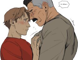Rule 34 | 2boys, bara, black hair, blush, bonjourdraws, brown hair, closed mouth, facial hair, grabbing, grey shirt, greyscale, highres, invincible (series), large pectorals, looking at another, male focus, mature male, monochrome, multicolored hair, multiple boys, muscular, muscular male, mustache, nolan grayson, pectoral grab, pectorals, red shirt, shirt, short hair, two-tone hair, white background, william clockwell, yaoi