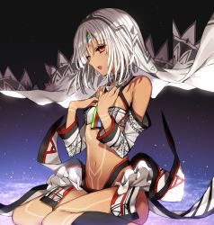Rule 34 | 10s, 1girl, altera (fate), bad id, bad pixiv id, bandeau, bare shoulders, bikini, black bikini, black nails, blunt bangs, breasts, cape, choker, collarbone, cowboy shot, dark-skinned female, dark skin, detached sleeves, eyelashes, fate/extella, fate/extra, fate/grand order, fate (series), fingernails, frilled skirt, frills, from side, full-body tattoo, gambe, grey hair, groin, hair between eyes, hands on own chest, hands up, headpiece, highres, layered skirt, long fingernails, mismatched bikini, nail polish, navel, open mouth, red eyes, revealing clothes, short hair, showgirl skirt, sideways mouth, sitting, skirt, small breasts, solo, swimsuit, tattoo, underwear, veil, waist cape, wariza, weapon, white bikini, white hair, white skirt