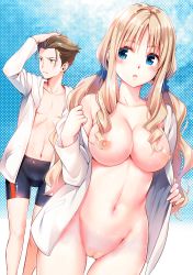 Rule 34 | 1boy, 1girl, black jammers, black male swimwear, blonde hair, blue eyes, blush, breasts, brown hair, cowboy shot, darling in the franxx, hair ornament, hair scrunchie, hand on own head, highres, jacket, jammers, kokoro (darling in the franxx), large breasts, long hair, looking to the side, male swimwear, mitsuru (darling in the franxx), navel, nipples, nude filter, open clothes, open jacket, open mouth, pussy, scrunchie, shiny swimsuit, sidelocks, single vertical stripe, standing, swimsuit, third-party edit, twintails, uncensored, yabuki kentarou