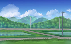 Rule 34 | bad id, bad pixiv id, biako, blue sky, bush, cloud, commentary request, day, grass, highres, mountain, no humans, original, outdoors, power lines, rice paddy, road, rural, scenery, sky, utility pole, water