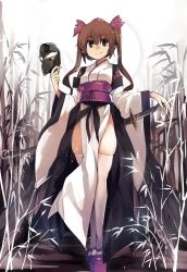 Rule 34 | 1girl, bamboo, bamboo forest, black wings, breasts, brown hair, forest, full body, geta, hair between eyes, hair ribbon, hat, himekaidou hatate, holding, holding mask, kamukamu (ars), katana, kourindou tengu costume, long sleeves, looking at viewer, low wings, mask, nature, obi, pelvic curtain, pointy ears, pom pom (clothes), ribbon, sash, sheath, sheathed, shiny clothes, shiny skin, skindentation, small breasts, smile, solo, sword, tengu-geta, tengu mask, thighhighs, thighs, tokin hat, touhou, twintails, weapon, white thighhighs, wide sleeves, wings