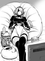 Rule 34 | 1girl, 2b (nier:automata), absurdres, bean bag chair, blindfold, boots, breasts, cleavage, cleavage cutout, clothing cutout, commentary request, controller, covered eyes, covered navel, crossed legs, curvy, expressionless, feather-trimmed sleeves, game controller, gamepad, gloves, greyscale, guhanshounen, hair over one eye, highleg, highleg leotard, highres, juliet sleeves, leotard, long sleeves, medium breasts, monochrome, nier:automata, nier (series), playing games, puffy sleeves, see-through, see-through legwear, short hair, sitting, solo, thigh boots, thighhighs, thighhighs under boots, thong leotard, wide hips, wireless