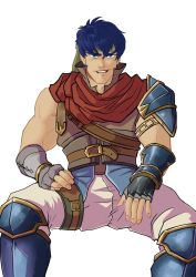 Rule 34 | 1boy, bara, blue eyes, blue hair, booty electric, fire emblem, grin, headband, highres, ike (fire emblem), looking at viewer, male focus, muscular, naughty face, nintendo, sitting, smile, solo, tagme, undressing