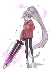Rule 34 | 1girl, absurdres, black pantyhose, bug, butterfly, full body, greatsword, hair flaps, hand up, high ponytail, highres, holding, holding sword, holding weapon, hololive, hololive english, insect, koseki bijou, long hair, looking at viewer, pantyhose, purple eyes, purple hair, red sweater, sidelocks, simple background, solo, standing, sweater, sword, trustyskittles, very long hair, virtual youtuber, weapon, white background