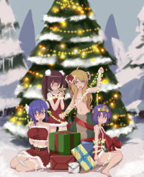 Rule 34 | 4girls, absurdres, ahoge, barefoot, belt, blonde hair, blue eyes, blue hair, bound, box, breasts, christmas, christmas lights, christmas ornaments, christmas star, christmas tree, closed mouth, commentary, cow horns, cow tail, day, dress, english commentary, fang, fangs, gift, gift box, hair between eyes, hair over breasts, hair ribbon, hanazono yurine, hand up, headpiece, highres, horns, impossible clothes, jashin-chan dropkick, large breasts, long hair, looking at object, looking at viewer, looking to the side, medium breasts, medusa (jashin-chan dropkick), midriff, minos (jashin-chan dropkick), minos drawfag, multiple girls, navel, open mouth, outdoors, pine tree, pink eyes, purple eyes, purple hair, red dress, red eyes, red hair, red ribbon, red skirt, red tube top, ribbon, short hair, sitting, skirt, snow, standing, strapless, tail, tied up (nonsexual), tinsel, topless, tree, tube top, twintails, yokozuwari