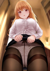 Rule 34 | 1girl, black skirt, blurry, breasts, brown pantyhose, clothes lift, cowboy shot, crotch seam, depth of field, dress shirt, from below, highres, indoors, large breasts, lifting own clothes, long hair, long sleeves, looking at viewer, miniskirt, monaka curl, orange hair, original, panties, panties under pantyhose, pantyhose, red eyes, shirt, skirt, skirt lift, solo, standing, thighband pantyhose, underwear, white panties, white shirt