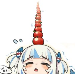 1girl, apple, balancing on head, bangs, blue hair, blunt bangs, blush, chibi, commentary, english commentary, eyebrows visible through hair, eyes closed, fish tail, flying sweatdrops, food, fruit, gawr gura, hair ornament, hololive, hololive english, itsuki tasuku, multicolored hair, open mouth, shaking, shark girl, shark hair ornament, shark tail, sharp teeth, short hair, silver hair, simple background, solo, speech bubble, stitches, streaked hair, tail, tearing up, teeth, too many, triangle mouth, virtual youtuber, white background