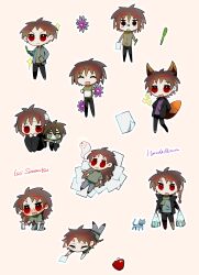 Rule 34 | 2boys, animal ears, apple, bag, bandaged head, bandages, black jacket, black pants, blue jacket, blue shirt, blush, braid, brown hair, brown shirt, cat, character name, chibi, chinese commentary, commentary request, daisy, drunk, flower, food, fox boy, fox ears, fox tail, fruit, green eyes, green shirt, grey cat, harada minoru, highres, holding, holding bag, holding paper, holding pen, isoi reiji, jacket, kemonomimi mode, kyoko (akakikyoko), long hair, male focus, multiple boys, multiple persona, no nose, nose blush, open clothes, open jacket, open mouth, orange background, outline, pants, paper, pen, purple flower, red eyes, saibou shinkyoku, scar, scar on face, scar on forehead, shirt, shopping bag, short sleeves, side braid, simple background, single braid, sitting, smile, sparkle, sweater, t-shirt, tail, teardrop, turtleneck, turtleneck sweater, white outline