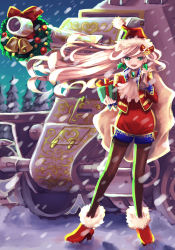 Rule 34 | 1girl, artist request, bell, blonde hair, box, bt-42, caterpillar tracks, christmas, commentary request, gift, gift bag, gift box, green eyes, long hair, military, military vehicle, motor vehicle, night, original, santa claus, santa claus (fullbokko heroes), sky, smile, snow, snowing, solo, tank, tree