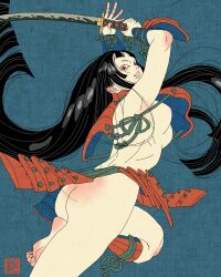 Rule 34 | 1girl, absurdres, armor, arms up, artist logo, barefoot, black hair, blue background, bottomless, breastplate, breasts, brown eyes, floating hair, highres, holding, holding sword, holding weapon, japanese armor, katana, kote, kusazuri, long hair, looking to the side, medium breasts, nipples, original, parted lips, sei5osuzuki, solo, standing, standing on one leg, sword, weapon