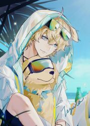 1boy absurdres ahoge animal_collar animal_ears arknights beach blonde_hair blue_eyes blue_sky bottle character_name chinese_commentary closed_mouth collar commentary_request dog_boy dog_ears dog_nose eyewear_on_head goggles green-tinted_eyewear grey_shorts hair_between_eyes head_tilt highres hood hood_up hooded_jacket jacket jewelry leaf looking_at_viewer male_focus messy_hair multiple_necklaces necklace open_clothes open_jacket palm_leaf qingyixing968 see-through_clothes shorts sitting sky smile solo sunglasses tequila_(arknights) thick_eyebrows tied_hoodie_strings tinted_eyewear