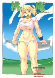 Rule 34 | 1girl, abs, blonde hair, breasts, collar, highres, large breasts, muscular, orange eyes, pointy ears, pussy, solo, trump (team shuffle), twintails