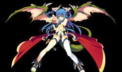 Rule 34 | 1girl, black background, blue hair, green nails, long hair, nail polish, pointy ears, sandals, solo, sword, tail, thighhighs, toes, two side up, weapon, white thighhighs, wings, yellow eyes