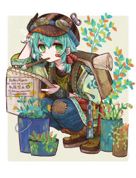 Rule 34 | 1boy, bandaid, bandaid on face, bloomminority, blue hair, border, fantasy, fingerless gloves, flower, full body, gloves, green eyes, grey background, hat, highres, looking at viewer, male focus, mouth hold, multicolored background, original, paintbrush, patch, plant, short hair, solo, squatting, vase, white background, white border