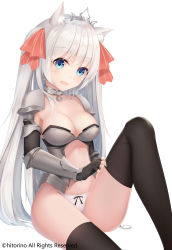Rule 34 | 1girl, absurdres, animal ear fluff, animal ears, armor, bikini armor, black gloves, bow, bow panties, breasts, cleavage, copyright notice, copyright request, feet out of frame, fingerless gloves, gloves, hair bow, highres, karin (fineyanny), knee up, long hair, medium breasts, official art, panties, pauldrons, red bow, shoulder armor, simple background, sitting, solo, striped, striped bow, thighhighs, tiara, two side up, underwear, vambraces, very long hair, watermark, white background, white hair, white panties, white thighhighs