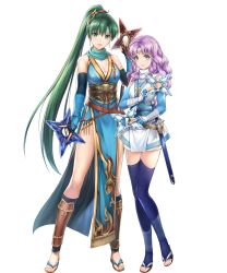 Rule 34 | 2girls, bare shoulders, blue thighhighs, breasts, circlet, cleavage, dual wielding, earrings, elbow gloves, female focus, fingerless gloves, fire emblem, fire emblem: the blazing blade, fire emblem heroes, florina (fire emblem), full body, gloves, green eyes, green hair, hair ornament, highres, holding, holding weapon, japanese clothes, jewelry, long hair, looking at viewer, lyn (fire emblem), matching hair/eyes, medium breasts, multiple girls, ninja, nintendo, official art, open mouth, pelvic curtain, ponytail, purple hair, sandals, sheath, sheathed, shuriken, sleeveless, smile, sword, thighhighs, toeless legwear, toes, transparent background, very long hair, weapon, yamada koutarou, zettai ryouiki
