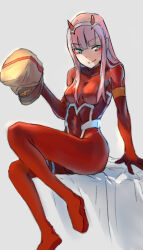 Rule 34 | 1girl, arm support, bed sheet, bodysuit, breasts, cansonsh, closed mouth, commentary, darling in the franxx, eyelashes, eyeshadow, full body, green eyes, hair over shoulder, hairband, hat, holding, holding clothes, holding hat, horns, long hair, looking at viewer, makeup, medium breasts, oni horns, pink hair, red bodysuit, red eyeshadow, red horns, shako cap, sitting, skin tight, smile, solo, two-tone bodysuit, unworn headwear, white bodysuit, white hairband, zero two (darling in the franxx)