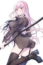Rule 34 | 1girl, alternate costume, ass, black necktie, black shirt, black thighhighs, blush, blush stickers, breasts, closed mouth, commentary, dress shirt, from side, garter belt, highres, holding, holding scythe, hololive, hololive english, kamiya maneki, large breasts, leg up, long hair, looking at viewer, mori calliope, necktie, pink hair, red eyes, scythe, shinigami, shirt, sideboob, simple background, symbol-only commentary, thighhighs, torn clothes, torn necktie, twisted torso, white background