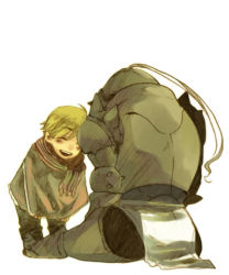 Rule 34 | 1boy, ^ ^, aged down, alphonse elric, apron, armor, black pants, blonde hair, blush, blush stickers, brown neckwear, brown scarf, brown theme, child, closed eyes, commentary, commentary request, eishi2003, elbow spikes, facing viewer, from behind, full armor, full body, fullmetal alchemist, happy, helmet, hollow, laughing, leaning, leaning forward, legs apart, lowres, male focus, no nose, one eye covered, open mouth, pants, partial commentary, scarf, shoulder spikes, simple background, smile, spikes, standing, striped clothes, striped scarf, swept bangs, tareme, teeth, upper teeth only, waist apron, white background, winter clothes