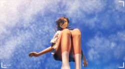 Rule 34 | 1girl, a.x., absurdres, black eyes, black hair, black shorts, blue sky, bracelet, dated, from below, hair over one eye, highres, jewelry, original, outdoors, shirt, shorts, sky, socks, solo, viewfinder, white shirt, white socks