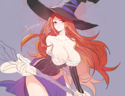 Rule 34 | 1girl, breasts, character name, cleavage, collarbone, detached sleeves, dragon&#039;s crown, dress, hat, hekex, huge breasts, light smile, long hair, purple eyes, red hair, sash, solo, sorceress (dragon&#039;s crown), staff, strapless, strapless dress, thighs, very long hair, witch hat