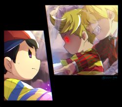Rule 34 | 3boys, arthropod limbs, baseball cap, battle, black hair, blonde hair, commentary request, evil grin, evil smile, ghost, glaring, glowing, glowing eyes, grin, hair over eyes, hat, light particles, lucas (mother 3), male focus, mimxxpk, mother (game), mother 2, mother 3, multiple boys, ness (mother 2), nintendo, pointing, porky minch, possessed, purple eyes, red eyes, shaded face, smile, super smash bros., twitter username