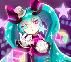 Rule 34 | 1girl, blue eyes, blue hair, floating hair, gloves, hat, hatsune miku, highres, long hair, looking at viewer, macha 3939, magical mirai (vocaloid), magical mirai miku, magical mirai miku (2019), mini hat, one eye closed, parted lips, purple background, sketch, solo, twintails, upper body, very long hair, vocaloid, white gloves, white hat