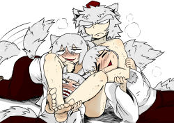 Rule 34 | 4girls, afterimage, all fours, annoyed, arm around neck, barefoot, between legs, blush, closed eyes, eyes visible through hair, frown, furrowed brow, grey hair, happy, inubashiri momiji, leg lock, long sleeves, looking at another, looking up, lying, motion lines, multiple girls, nicetack, nose blush, nude, on back, shirt, short hair, sitting, skirt, smile, soles, strangling, sweat, tail, tail wagging, thick eyebrows, toes, touhou, v-shaped eyebrows, wide sleeves, yuri