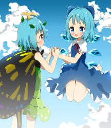 Rule 34 | 2girls, antennae, aqua hair, bad anatomy, bad id, bad pixiv id, barefoot, blue bow, blue dress, blue eyes, blue hair, blush, bow, butterfly wings, cirno, cloud, cloudy sky, detached wings, dress, eternity larva, fairy, green dress, hair between eyes, hair bow, ice, ice wings, insect wings, leaf, leaf on head, multicolored clothes, multicolored dress, multiple girls, open mouth, orange eyes, poco (zdrq3), puffy short sleeves, puffy sleeves, shirt, short hair, short sleeves, sky, smile, touhou, white shirt, wings