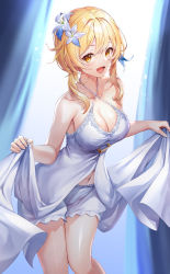 Rule 34 | 1girl, :d, bare arms, bare shoulders, blonde hair, blue footwear, breasts, brown eyes, cleavage, clothes lift, collarbone, commentary request, criss-cross halter, dress, flower, genshin impact, hair between eyes, hair flower, hair ornament, halterneck, long hair, looking at viewer, lumine (genshin impact), lunacle, medium breasts, navel, open mouth, short shorts, shorts, sidelocks, skirt, skirt lift, smile, solo, white dress, white flower, white shorts