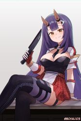 Rule 34 | 1girl, absurdres, artist name, between breasts, black footwear, black shirt, boots, boyal, breasts, cleavage, commentary, counter, english commentary, food-themed hair ornament, gloves, hair ornament, highres, holding, holding knife, holding weapon, horns, indie virtual youtuber, kitchen, kitchen knife, knife, large breasts, long hair, looking at viewer, necktie, necktie between breasts, on counter, oni horns, onigiri (vtuber) (1st costume), onigiri (vtuber), onigiri hair ornament, purple hair, purple thighhighs, red gloves, red skirt, shirt, skirt, smile, thigh boots, thigh strap, thighhighs, two-tone gloves, two-tone skirt, virtual youtuber, weapon, white gloves, white skirt, yellow eyes