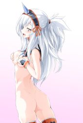 Rule 34 | 1girl, ass, blue eyes, blush, breasts, covering privates, covering breasts, dimples of venus, fake horns, female focus, gradient background, highres, horns, kirin (armor), long hair, looking at viewer, medium breasts, monster hunter (series), niwaka potato, nude, open mouth, ponytail, solo, white hair