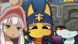Rule 34 | 1other, 2girls, :&lt;, absurdres, animal crossing, animal ears, ankha (animal crossing), black hair, black skin, blue hair, blunt bangs, cat ears, cat girl, closed mouth, colored sclera, colored skin, commentary, crossover, english commentary, fang, fang out, frown, furry, furry female, furry other, grey skin, hair ornament, helmet, highres, long hair, made in abyss, medium bangs, midna, multicolored skin, multiple crossover, multiple girls, nanachi (made in abyss), nintendo, open mouth, rabbit ears, red eyes, short hair, smile, smugbuns, snake hair ornament, the legend of zelda, the legend of zelda: twilight princess, two-tone skin, upper body, whisk, white hair, yellow sclera