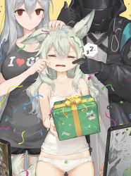 Rule 34 | 3girls, = =, animal ears, arknights, asicah, bare arms, bare shoulders, beige background, birthday, black gloves, black jacket, black shorts, box, breasts, camisole, cheek pinching, commentary, confetti, cowboy shot, crying, doctor (arknights), english commentary, closed eyes, gift, gift box, gloves, gluteal fold, grani (arknights), green hair, grey hair, grey shirt, helm, helmet, highres, holding, holding gift, i heart..., jacket, long hair, long sleeves, medium breasts, multiple girls, open clothes, open jacket, open mouth, panties, pinching, red eyes, shirt, short shorts, short sleeves, shorts, skadi (arknights), spoken zzz, streamers, tail, tears, thumbs up, turn pale, underwear, underwear only, white camisole, white panties, zzz