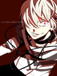 Rule 34 | 1boy, accelerator (toaru majutsu no index), black legwear, cable, character name, commentary, evil grin, evil smile, grin, hair between eyes, hair over one eye, hoshino lily, long sleeves, looking at viewer, male focus, messy hair, pale skin, red background, red eyes, shirt, simple background, smile, solo, striped clothes, striped shirt, teeth, toaru majutsu no index, toaru majutsu no index gaiden: toaru kagaku no accelerator, two-tone shirt, upper body, white hair