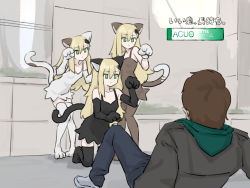 Rule 34 | 1boy, 3girls, acuo, ad, animal hands, black dress, blonde hair, brown dress, brown thighhighs, cat girl, closed mouth, collarbone, dress, expressionless, fallen down, gloves, green eyes, highres, long hair, looking at another, looking at viewer, lying, matangom, matangomu-chan, multiple girls, multiple persona, on back, original, parody, paw gloves, paw pose, paw shoes, sleeveless, sleeveless dress, suzumiya haruhi no yuuutsu, thighhighs, translated