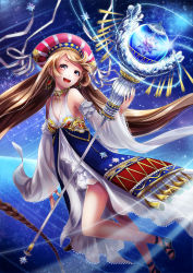 Rule 34 | 1girl, :d, bare legs, bare shoulders, braid, breasts, brown hair, choker, collarbone, detached sleeves, earrings, hat, highres, jewelry, long hair, looking at viewer, open mouth, original, red eyes, see-through, shoes, small breasts, smile, solo, staff, very long hair, wide sleeves, xxxpechkaxxx