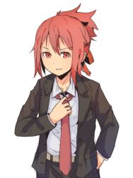Rule 34 | 1girl, akamine yuuna, black jacket, black pants, bow, collared shirt, hair between eyes, hair bow, hair ornament, hairclip, hand up, highres, jacket, long sleeves, looking at viewer, necktie, open clothes, open jacket, pants, parted lips, red bow, red eyes, red hair, red necktie, shirt, simple background, solo, white background, white shirt, xuu shi times, yuuki yuuna wa yuusha de aru, yuuki yuuna wa yuusha de aru: hanayui no kirameki, yuusha de aru