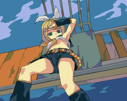 Rule 34 | 1girl, bad id, bad pixiv id, dutch angle, from below, kagamine rin, kotoyama, perspective, smile, solo, vocaloid